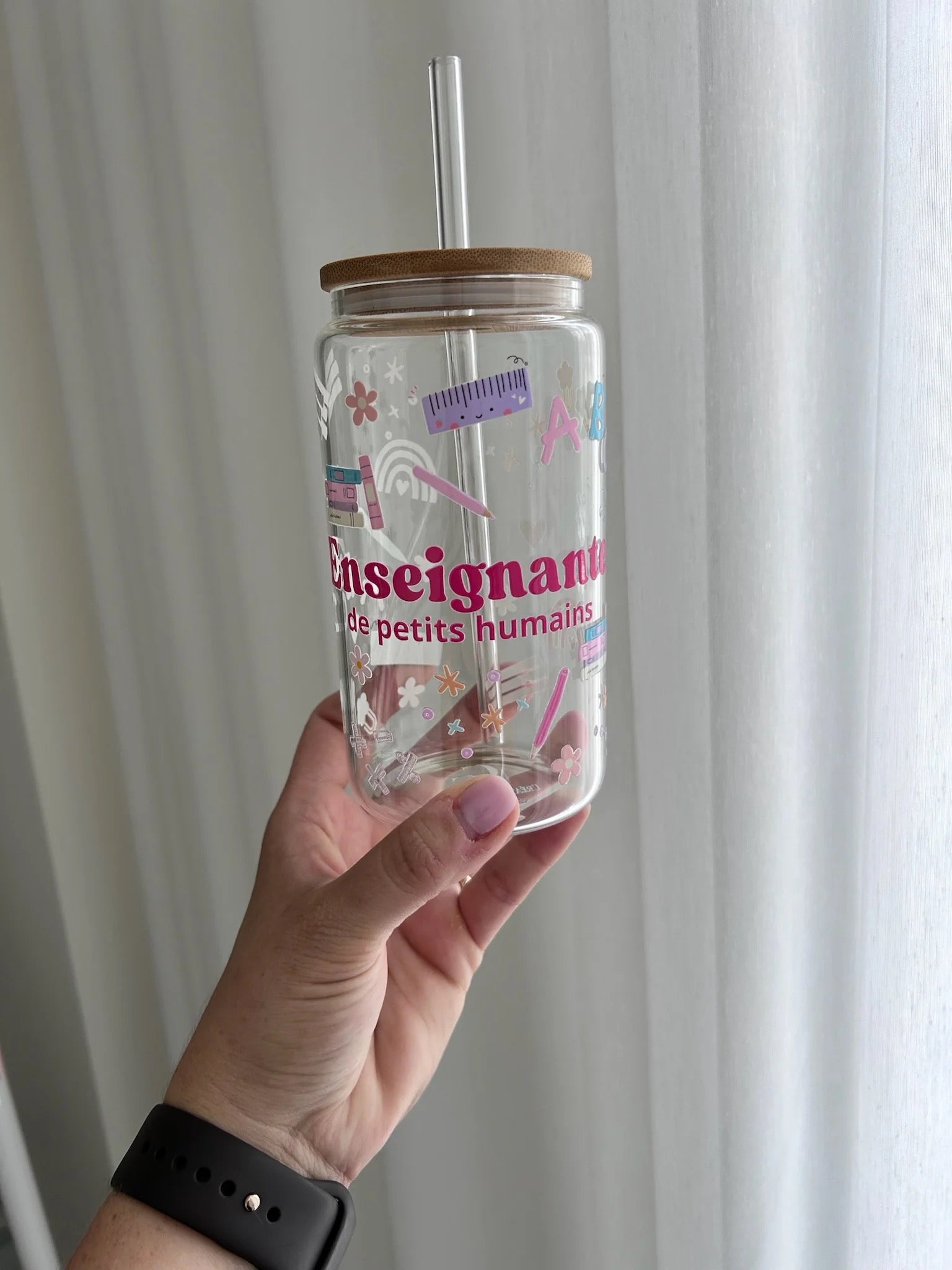 Tumbler en verre avec couvercle et paille (16 oz) - Enseignante