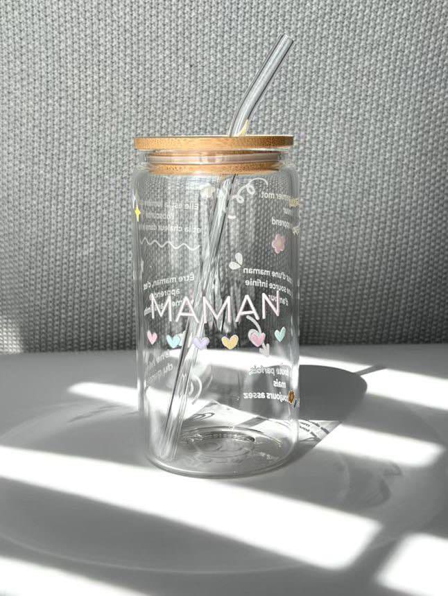 Tumbler en verre avec couvercle et paille (16 oz) - Coeur de maman pastel