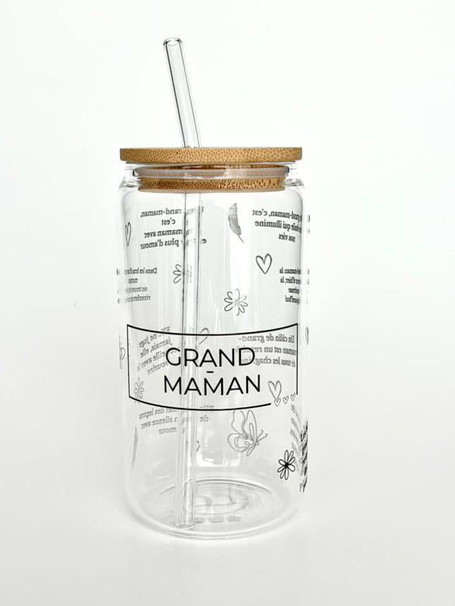 Tumbler en verre avec couvercle et paille (16 oz) - Heritage de tendresse grand-maman